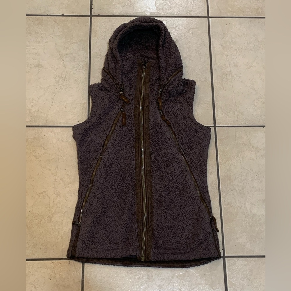 Kuhl Vest Womens Unisex Sz XS Olive Green Brown Sherpa Fleece High Neck Full Zip